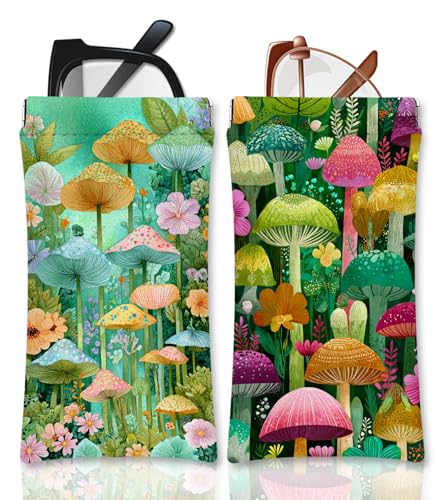 Eyeglasses Sunglasses Case PU Soft Squeeze Top Glasses Pouch for Women Student,Floral Pattern Portable Anti Scratch - color: Green-mushroom01