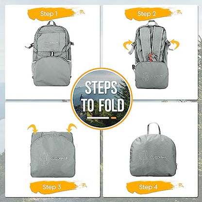 ZOMAKE Lightweight Packable Backpack 35L, Light Foldable Backpacks Water Resistant Collapsible Hiking Bag, Compact Folding Day Pack for Travel Camping(Sliver Grey) - color: Sliver Grey