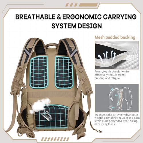 Timeet Tactical Backpack for Men, 21 Inch Khaki 40L Large Capacity, Laser Cut Molle Three Sided Opening, Water Resistant 17 inch Laptop Military Hiking 3 Day Assault Pack - color: Khaki