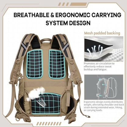 Timeet Tactical Backpack for Men, 21 Inch Khaki 40L Large Capacity, Laser Cut Molle Three Sided Opening, Water Resistant 17 inch Laptop Military Hiking 3 Day Assault Pack - color: Khaki