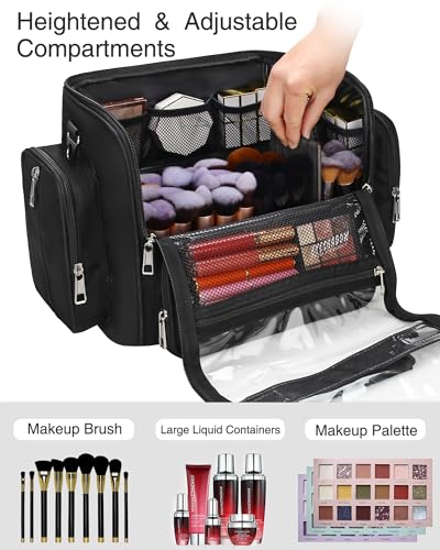 Makeup Brush Bag, Clear Makeup Brush Holder with Lid, Extra Large Capacity Travel Cosmetic Bag Makeup Artist Must Haves, Black Makeup Case, Make Up Organizers and Storage, with Adjustable Dividers - color: Black