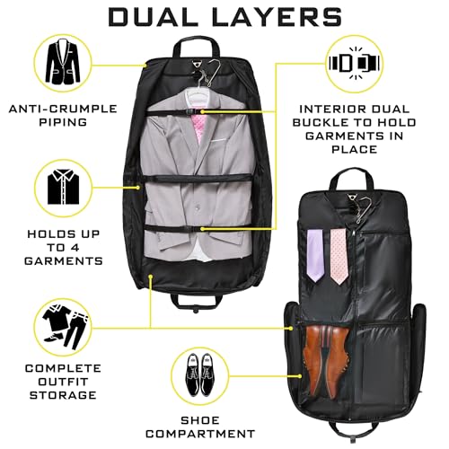 ZEGUR Premium Suit Garment Bag Carry On - Hangs 4 Suits - Travel & Business with Shoulder Strap and Laptop Compartment - color: Black