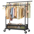 Clothes Rack, Double Rod, 210 LBS, Storage Basket, Black | Rolling Garment Rack with Lockable Wheels for Bedroom, Dorm, Apartment, Laundry Room – Space Saver, Tool-Free Easy Assembly - color: Black