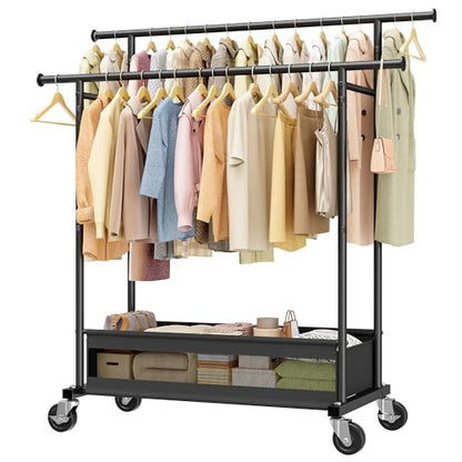 Clothes Rack, Double Rod, 210 LBS, Storage Basket, Black | Rolling Garment Rack with Lockable Wheels for Bedroom, Dorm, Apartment, Laundry Room – Space Saver, Tool-Free Easy Assembly - color: Black