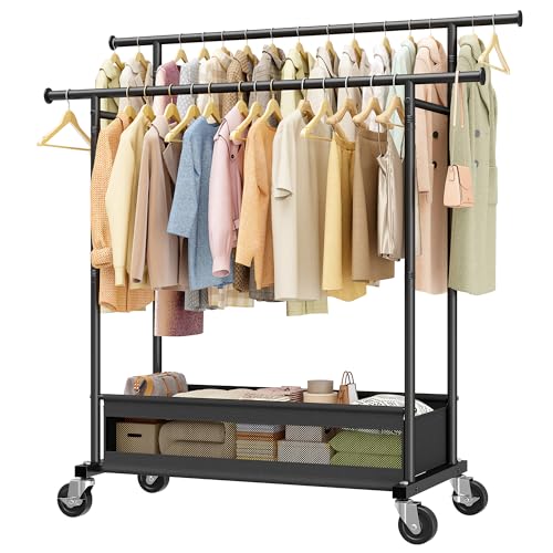 Clothes Rack, Double Rod, 210 LBS, Storage Basket, Black | Rolling Garment Rack with Lockable Wheels for Bedroom, Dorm, Apartment, Laundry Room – Space Saver, Tool-Free Easy Assembly - color: Black