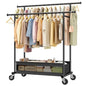 Clothes Rack, Double Rod, 210 LBS, Storage Basket, Black | Rolling Garment Rack with Lockable Wheels for Bedroom, Dorm, Apartment, Laundry Room – Space Saver, Tool-Free Easy Assembly - color: Black