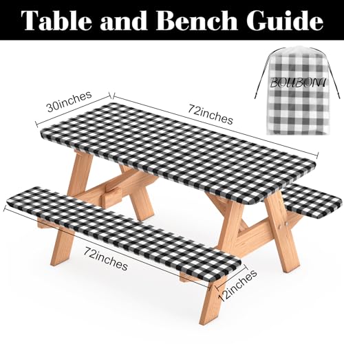 3 Pcs Set Fitted Picnic Table Cover with Bench Covers Vinyl Camping Table Cloth Flannel Backing Picnic Table Cloth for 6ft Tables Camping Outdoor (Black Checked, 30 x 72 Inches) - color: Black and White Plaid