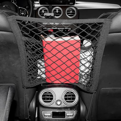 3-Layer Car Mesh Organizer Storage Bag Between Front Seats Kid Dog Pet Net Barrier Car Net Pocket Elastic Tissue Purse Holder Netting Pouch for SUV, Truck, Van 15.7" x 13.7" - size: 15.7 x 13.7 inch
