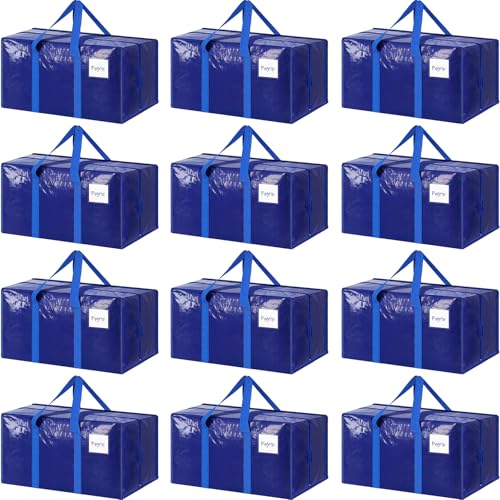 12 Pack Extra Heavy Duty Large Moving Bags with Strong Zipper & Comfortable Handles, Sturdy & Durable Clothes Storage Bags Totes Bins, Packing Moving Boxes for College Supplies, Blue - color: Blue, size: 12 Pack