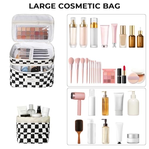 Gosect Makeup Bag, Quilted Cosmetic Bag Set, Drawstring Makeup Bag with Canvas Lining, Large Floral Toiletry Bag for Women Girls, Cute Cotton Flower Travel Organizer Bag (Checkered Pattern - color: Checkered Pattern