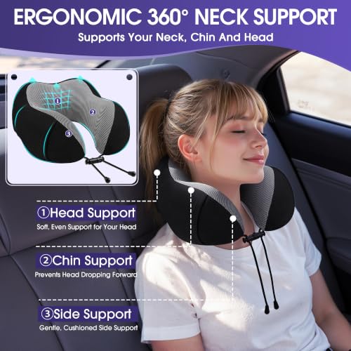 CloudBliss Travel Pillow for Airplane, Memory Foam Neck Pillow for Travel, Compact Flight Pillow with Eye Mask, Earplugs, Carry Bag, Travel Neck Pillow for Long Flight Sleep, Plane Accessories, Black - color: Black