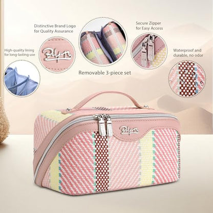 BOYATU Travel Makeup Bag Cosmetic Bag for Women: 3 Pcs Set Make up Bag with Compartments - Waterproof Vegan Leather Toiletry Bags with Handle - Makeup Organizer for Travel Essentials(C-3-Pink) - color: C-3-Pink
