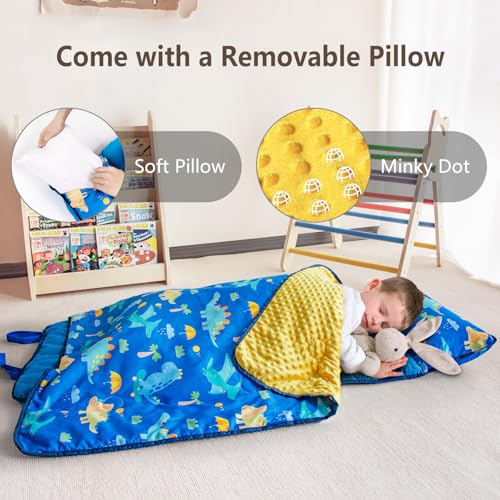 Primlect Toddler Nap Mat with Removable Pillow and Fleece Blanket, Extra Large 55''x35'' Sleeping Bag, Washable, Light, Easy to Roll up, Perfect for Daycare, Preschool, Kindergarten, Travel - color: Dinosaur