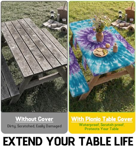 Picnic Table Cover with Bench Covers Waterproof Elastic Rectangle Tablecloth Camping Essentials Supplies Rv Car Travel Must Haves Gear Accessories Fitted Table Cloth Outdoor Road Trip Camper Gifts 6ft - color: Blue purple tie-dye, size: 72in