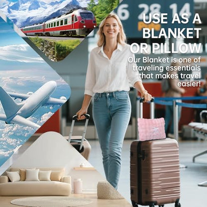 Travel Blanket and Pillow-2-in-1, Ultra-Soft&Compact, Airplane Blanket with Hand Luggage Belt and Backpack Clip,Travelers Accessories Gifts, 61x43 Inches(Pink - color: Pink