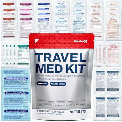 SurviveX Travel Medicine Kit - Compact TSA-Approved Medication Pack for Travel, Camping, Cruises - Includes Over-the-Counter Individual Medicine Packets