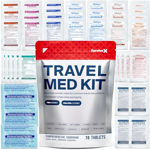 SurviveX Travel Medicine Kit - Compact TSA-Approved Medication Pack for Travel, Camping, Cruises - Includes Over-the-Counter Individual Medicine Packets