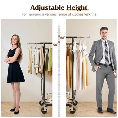 Raybee Clothes Rack Load 650LBS Heavy Duty Clothing Rack, Collapsible Clothes Racks for Hanging Clothes with Adjustable Height & Double Rods, Commercial Garment Rack with Wheels, Easy Assembly, Black - color: Black