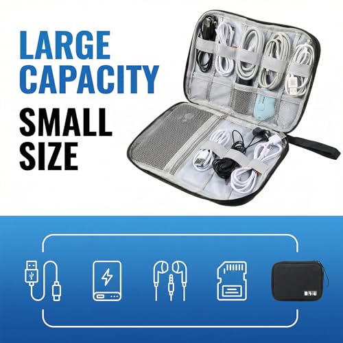 Charger Organizers Travel Case Cord Travel Harger Case Cable Organizer Bag Electronics Organizers Tech Pouch Portable Waterproof for Cords, Chargers, Earphones, Phone, SD Cards, USBs, Black