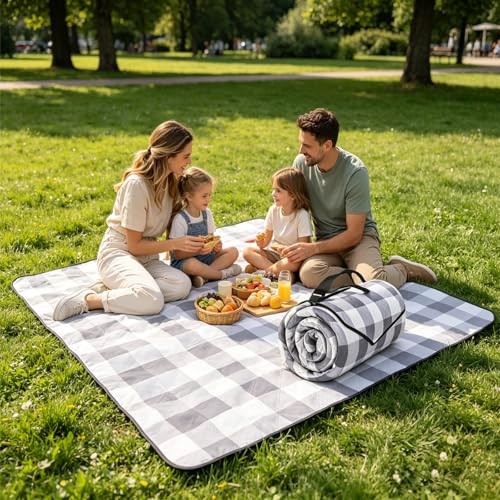Extra Large Picnic Blanket for 6-8 Adults, Waterproof Windproof 3-Layer Outdoor Mat, Sandproof Beach Blanket Foldable Portable for Camping Park Patio Grass Travel (Gray) - color: Gray