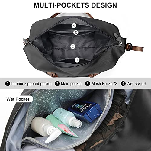 Sport Travel Duffle Bag Large Gym Tote Bag for Women, Weekender Bag Carry on Bag for Airplane, Ladies Beach Overnight Luggage Bag with Wet Pocket Black Large - color: Black with Brown Handle
