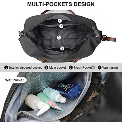 Sport Travel Duffle Bag Large Gym Tote Bag for Women, Weekender Bag Carry on Bag for Airplane, Ladies Beach Overnight Luggage Bag with Wet Pocket Black Large - color: Black with Brown Handle