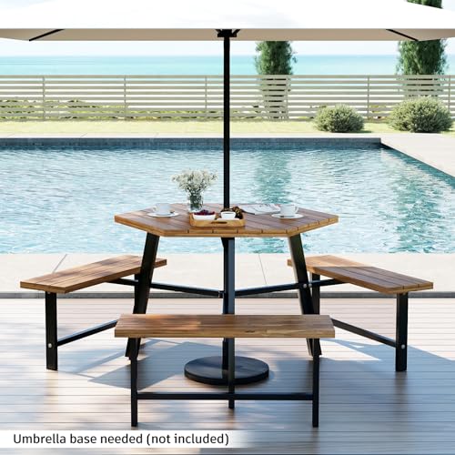Tangkula 6 Person Acacia Wood Picnic Table, Outdoor Hexagonal Table and Bench Set with 3 Built-in Benches, Umbrella Hole & Metal Frame for Patio Backyard Garden Poolside
