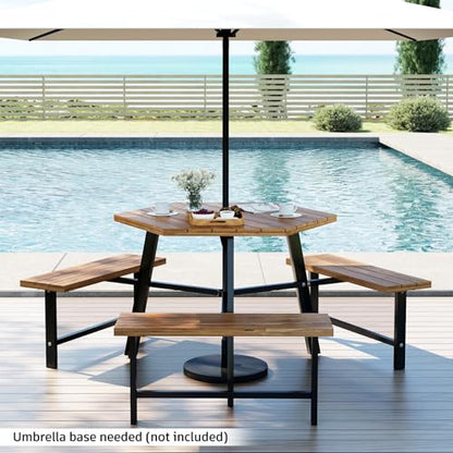 Tangkula 6 Person Acacia Wood Picnic Table, Outdoor Hexagonal Table and Bench Set with 3 Built-in Benches, Umbrella Hole & Metal Frame for Patio Backyard Garden Poolside