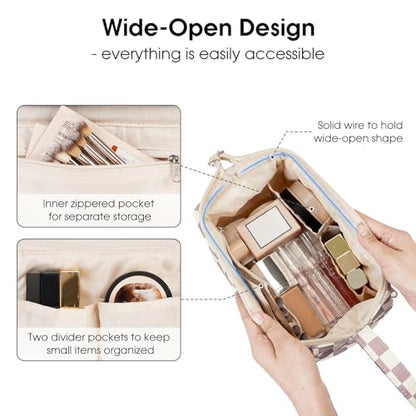 Narwey Checkered Makeup Bag Women Wide-open Make up Bag Travel Cosmetic Bag Organizer Toiletry Bag for Cosmetics Toiletries Accessories (Dusty Rose Checkerboard) - color: Z-Dusty Rose Checkerboard