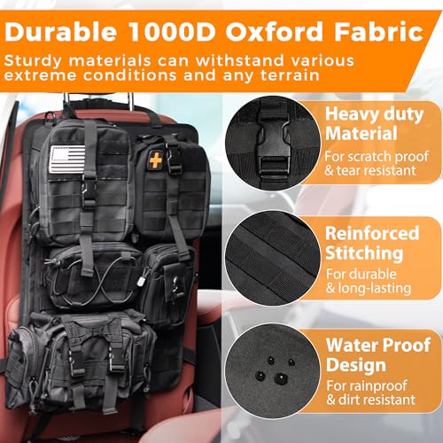 Tactical Seat Back Organizer, Molle Car Seat Organizer Panel with 5 Detachable Molle Pouch for Car Truck Ford Jeep Vehicle, Military Grade Storage Panel Backseat Protector for Man, Black