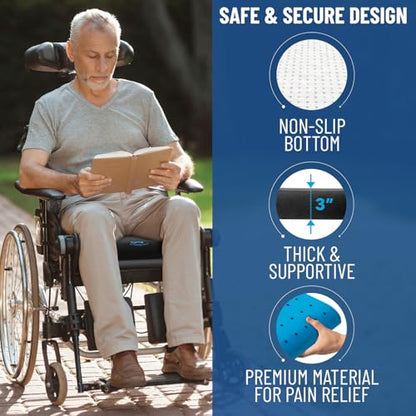 Everlasting Comfort Ventilated Wheelchair Cushions for Pressure Relief - Gel Memory Foam Wheel Chair Seat Cushion Pad for Seniors and Adults & Pain Relief - Soft Non-Slip Cover - Office Accessories