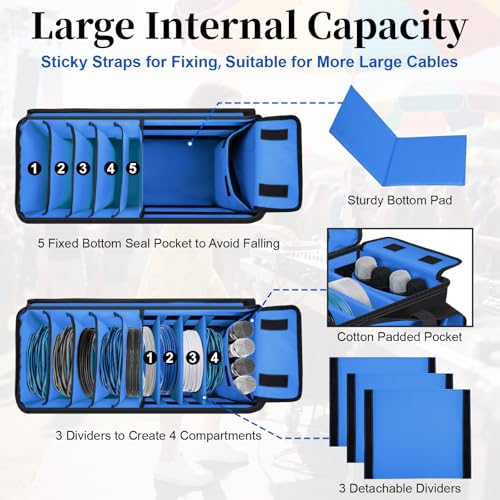 Large Dj Cable Bag with Laptop and Microphone Pocket, Dj Bag for Equipment and Music Accessories with Detachable Dividers, Bottom Pad, Dj Gig Bags for Musicians, Professional, Travel, Blue - color: Blue, style: Dj Cable Bag