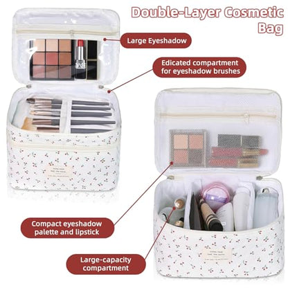 Gosect Makeup bag, Large Cosmetic Bag for Women Girls, Cute Quilted Makeup Bags, Floral Coquette Aesthetic Toiletry Bag, Travel Make Up Organizer Bag (Cherry) - color: Chery