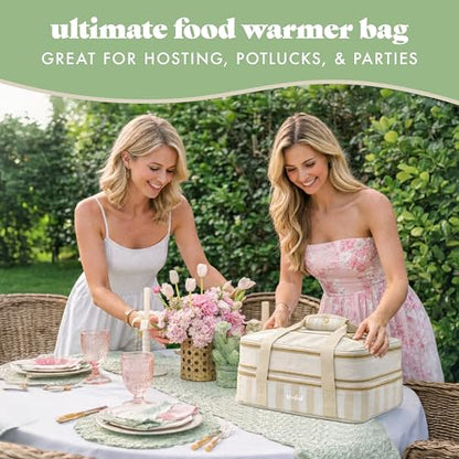 Fit & Fresh Insulated Casserole Carrier - Double Decker Food Carrier Fits Two 9x13 Dishes, Expandable Hot & Cold Food Transport Bag with Zipper Pocket for Potluck, Easter & Travel, Taupe Stripe - color: Pina Colada Stripe