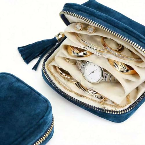 Small Travel Jewelry Case for Women, 6-Layer Velvet Organizer Pouch with Zipper, Anti-Scratch Portable Bag for Bracelets, Rings, Earrings & Necklaces (Gem Blue) - color: Gem blue