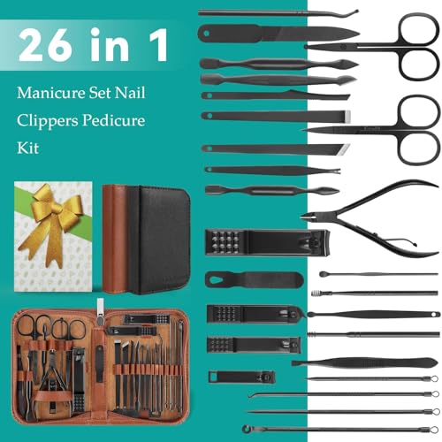 Nail Clippers Set, 26 Piece Manicure Set & Pedicure Kit, Stainless Steel Fingernail & Toenail Clipper Cutters, Professional Nail Care Tools with Luxurious Travel Case for Men and Women, Brown - color: Brown