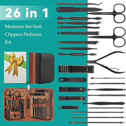 Nail Clippers Set, 26 Piece Manicure Set & Pedicure Kit, Stainless Steel Fingernail & Toenail Clipper Cutters, Professional Nail Care Tools with Luxurious Travel Case for Men and Women, Brown - color: Brown