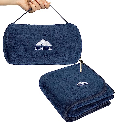 BlueHills Travel Blanket Pillow Rolled Premium Soft Plush Airplane Throw Traveling Essential Gift Compact in a Bag 70 X 48 inches Long Plane Flight Portable Lightweight Navy Blue R04 - color: R04-navy Blue
