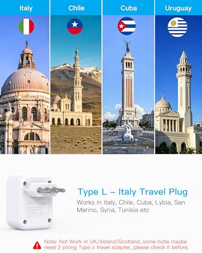 HANYCONY Italy Travel Adapter, Grounded Type L Plug Adapter with 2 AC Outlets 3 USB Ports (2 USB C), US to Italy Power Adapter for Rome, Chile, Uruguay, Ethiopia - Cruise Ship Approved - style: Type L - Italy Chile