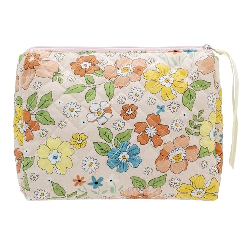 PAZIMIIK Quilted Makeup Bag Large Travel Zipper Soft Cosmetic Pouch for Women Girls Make Up,Floral Orange - color: Floral Orange, size: 1 PCS Pouch
