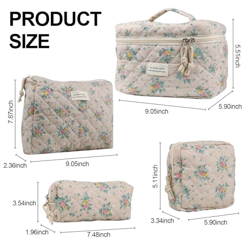 NATINSA Cute Makeup Bag for Women(2 Pcs), Travel Cosmetic Bags, Quilted Coquette Aesthetic Floral Toiletry Organizer Bag (45 - Yellow Rose/4PCS) - color: 45 - Yellow Rose/4PCS