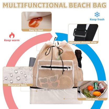 Mesh Beach Drawstring Backpack with Cooler Beach Bags Sandproof Swim Bags Leakproof with Zipper for Seaside Pool Travel - color: Khaki