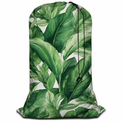 Swono Green Leaves Extra Large Huge Heavy Duty Oxford Cloth Laundry Storage Bag with Drawstring, Summer Tropical Exotic Plants Laundry Bag, 28x40 Inch - color: Green Leaves
