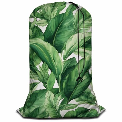 Swono Green Leaves Extra Large Huge Heavy Duty Oxford Cloth Laundry Storage Bag with Drawstring, Summer Tropical Exotic Plants Laundry Bag, 28x40 Inch - color: Green Leaves