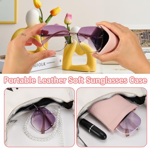 Squeeze Top Sunglass Pouch - Portable Sunglass Organizer Pouch Bags Soft PU Leather Glasses 2 Pack - color: Mica Green+light Pink