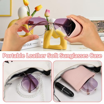 Squeeze Top Sunglass Pouch - Portable Sunglass Organizer Pouch Bags Soft PU Leather Glasses 2 Pack - color: Mica Green+light Pink