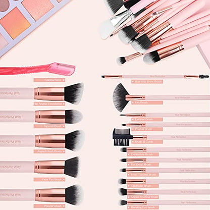 Real Perfection Makeup Brush Set 16 Pcs with 1 Eyebrow Razor Premium Synthetic Foundation Powder Concealers Eyeshadow Blush Makeup Brushes Make up Brushes Kit (Pink) - color: Pink