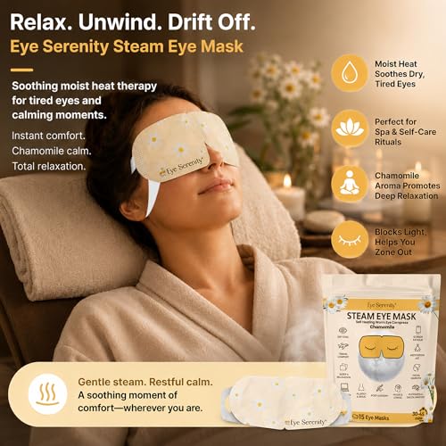 Eye Serenity Steam Eye Mask, Heated Eye Mask, Self Heating Warm Compress for Dry Eyes, Fast Relief for Stye, Puffy Sensitive Eyes, Moist Heat, Relaxation Gifts for Women and Men - Chamomile - color: Chamomile 15 Pack, size: 15 Eye Masks