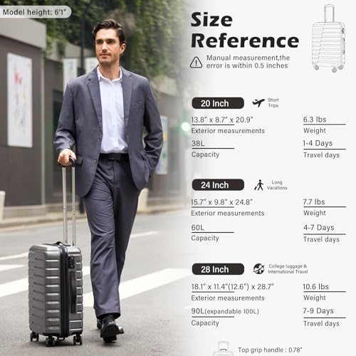 Coolife Medium Checked Luggage with Spinner Wheels, Hardside Suitcase TSA Lock Lightweight Travel Luggage 24-inch,Gray - color: gray, size: Medium(24in)