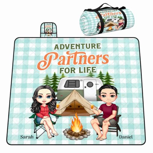 Personalized Waterproof Sandproof Beach Blanket 80''x80'', 3-Layer Foldable Picnic Blanket with Carry Strap, Camping Travel Outdoor Mat for Beach Park Hiking (Couple Camping) - color: Couple Camping